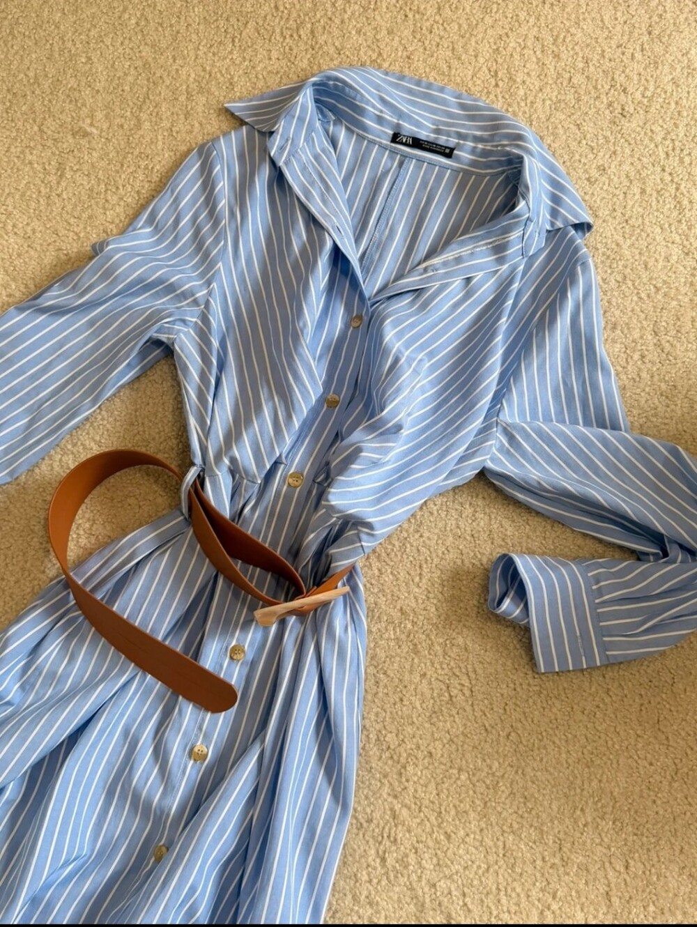 Zara Light Blue & White Striped Long Sleeve Shirt Dress with Tan Belt